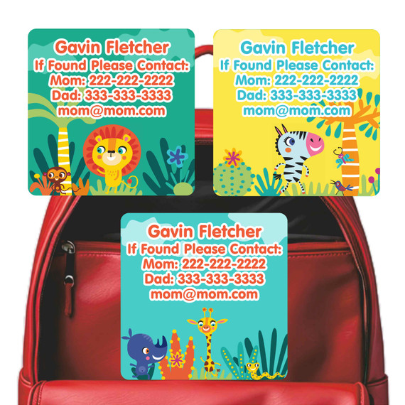 African Safari emergency contact labels — personalized phone number stickers for kids