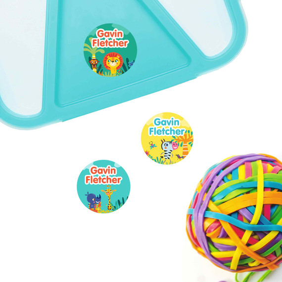 African Safari small round name labels — waterproof circle stickers for kids