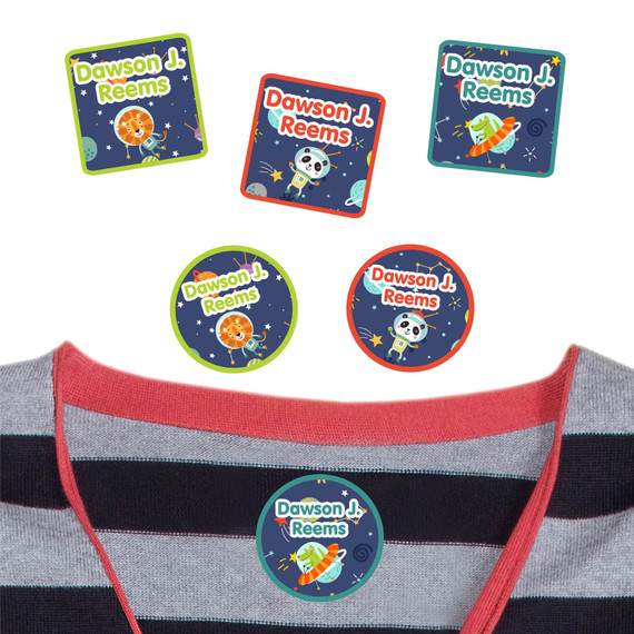 Durable label for clothes for Animals in Space labels shown on a t-shirt. High-quality tags that stay stuck through every wash.