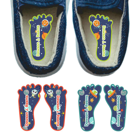 Animals in Space foot labels for shoes — left and right foot-shaped shoe stickers
