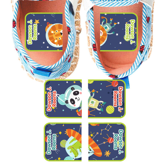 Animals in Space MatchUp teaching shoe stickers — left and right shoe labels for toddlers