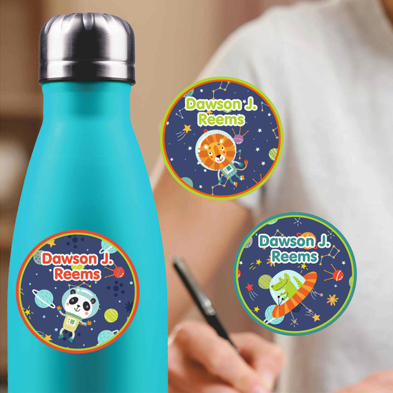 Animals in Space medium round labels — waterproof circle name stickers for kids