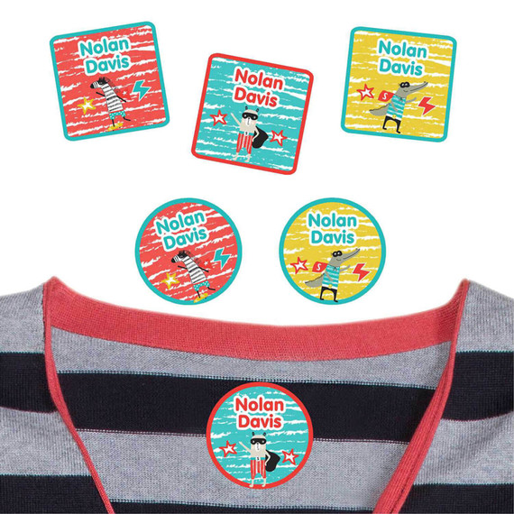 Animal Superheroes peel and stick clothing labels for kids — clothing stickers made to order