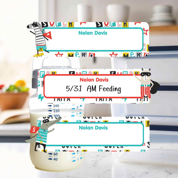 Animal Superheroes small rectangle write-on labels — reusable waterproof