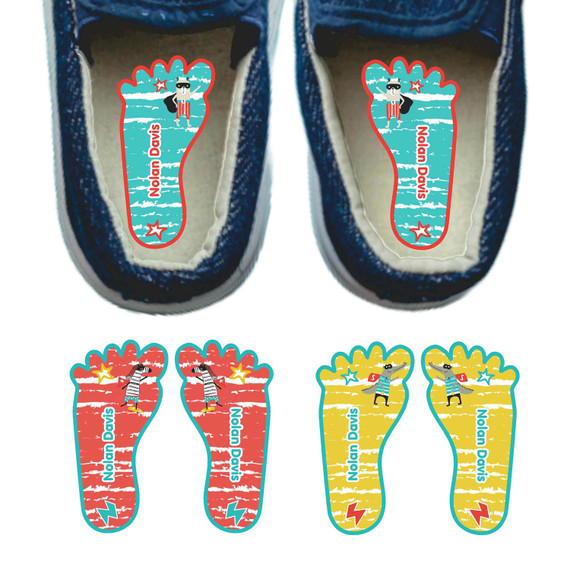 Animal Superheroes foot labels for shoes — left and right foot-shaped shoe stickers