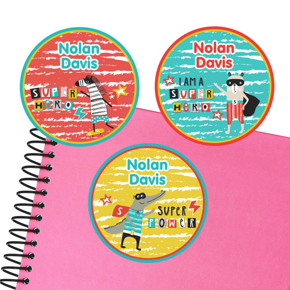 Animal Superheroes large round labels — waterproof name stickers for kids