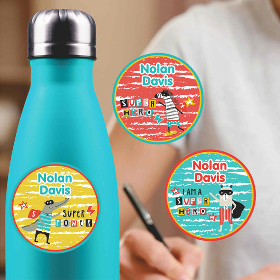 Animal Superheroes medium round labels — waterproof circle name stickers for kids