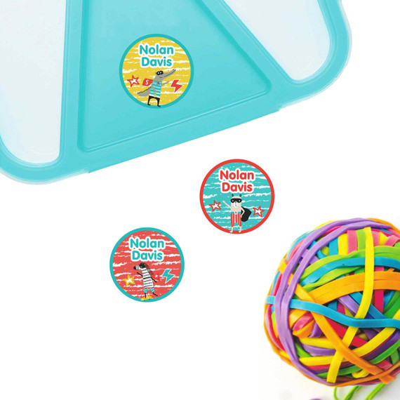 Animal Superheroes small round name labels — waterproof circle stickers for kids