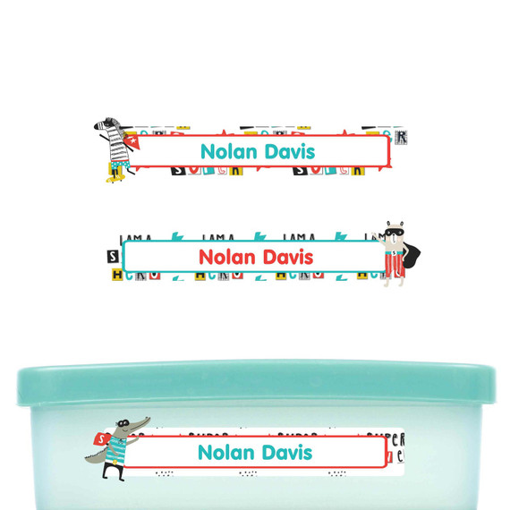 Animal Superheroes slim name stickers — waterproof stickers for water bottles and small containers