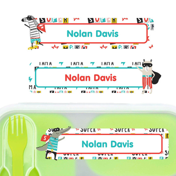 Animal Superheroes large rectangle name labels — waterproof sticker labels for school supplies and water bottles