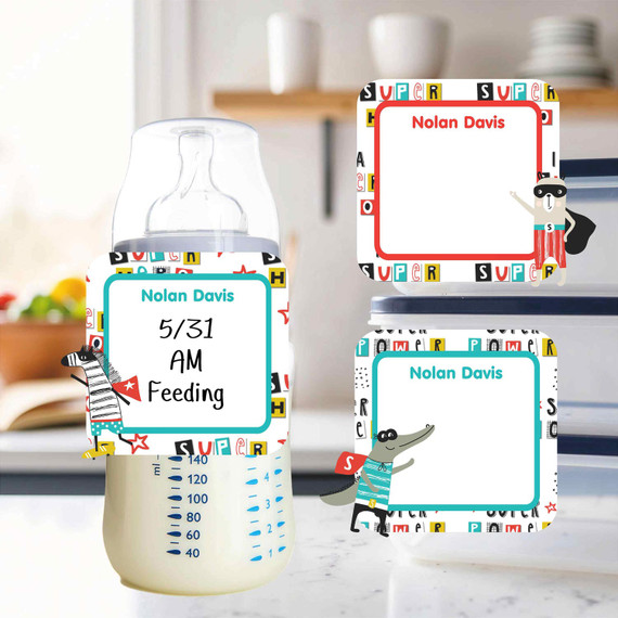Animal Superheroes small square write-on labels — reusable waterproof daycare