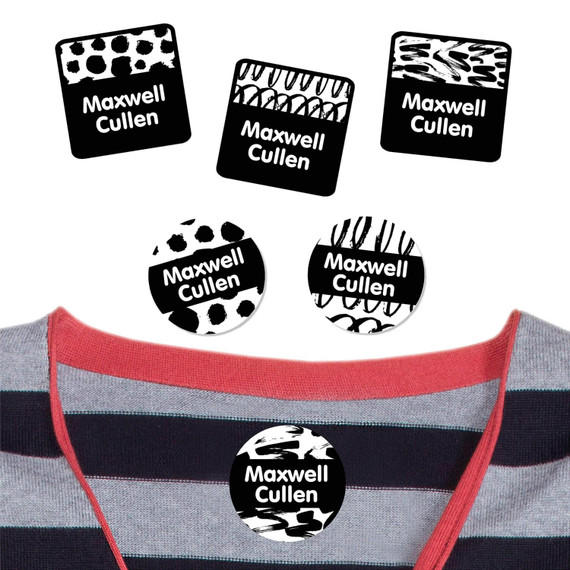 Black & White Abstract peel and stick clothing labels for kids — clothing stickers made to order
