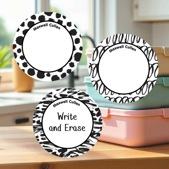 Durable large round write-on labels black white design personalized name tags