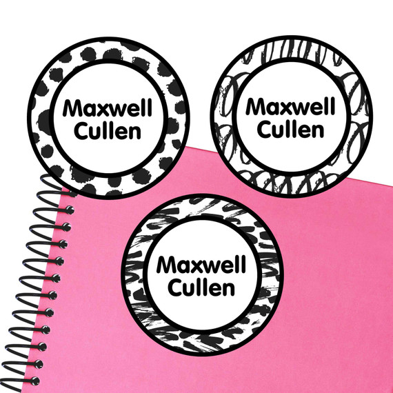 Black & White Abstract large round labels — waterproof name stickers for kids