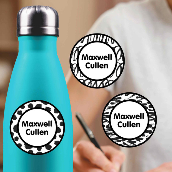 Black & White Abstract medium round labels — waterproof circle name stickers for kids