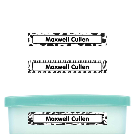 Black & White Abstract slim name stickers — waterproof stickers for water bottles and small containers
