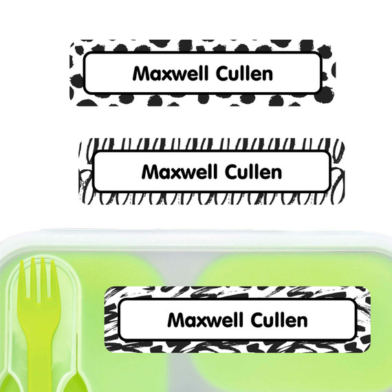 Black & White Abstract large rectangle name labels — waterproof sticker labels for school supplies and water bottles