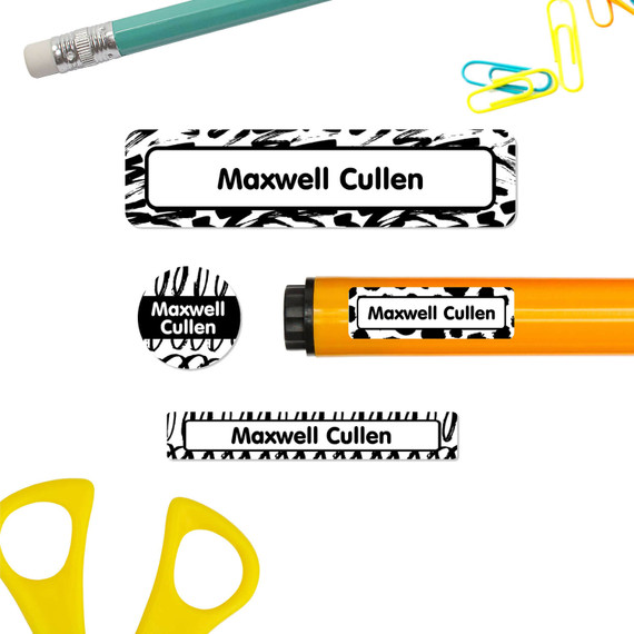 Black and White School Supply Name Labels