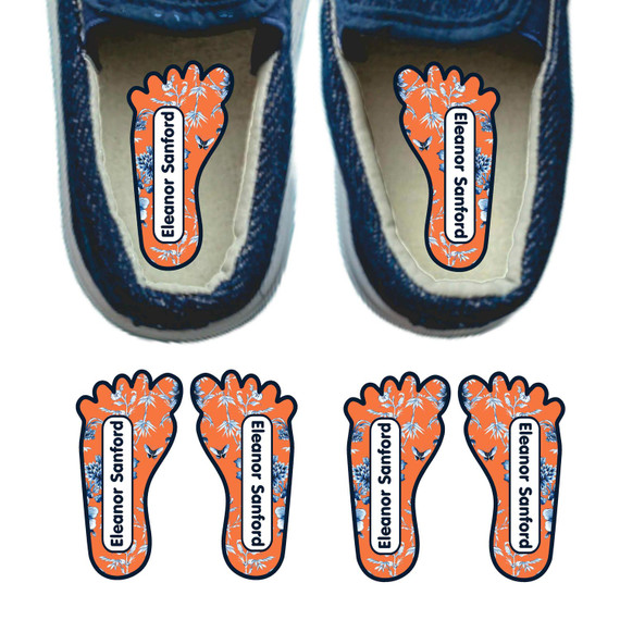Chinoiserie left right foot-shaped shoe labels for children