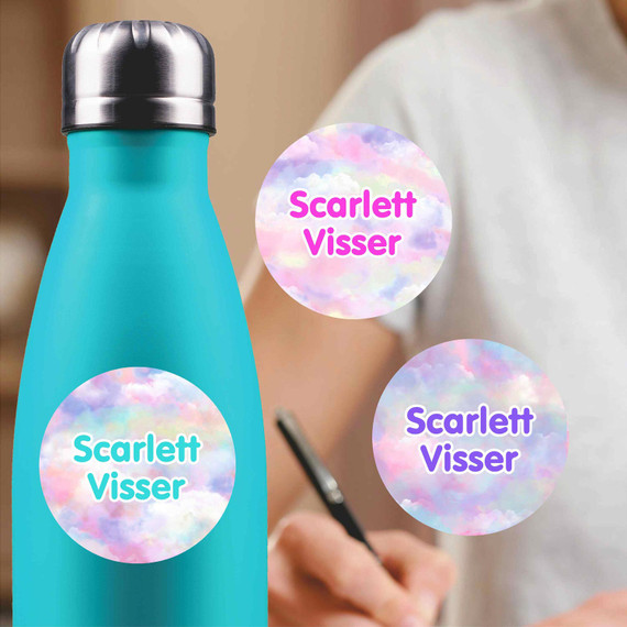 Clouds medium round labels — waterproof circle name stickers for kids