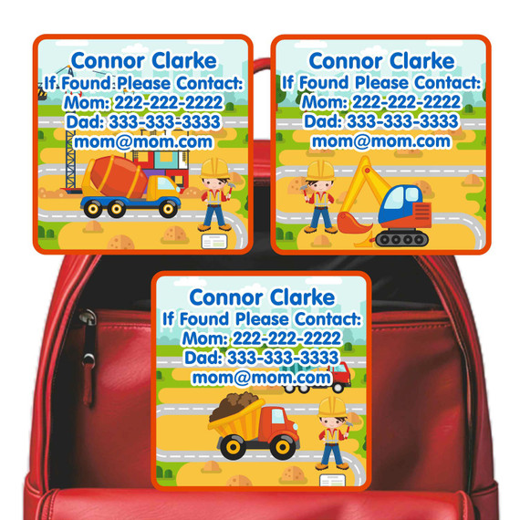 Construction contact stickers with construction trucks and equipment