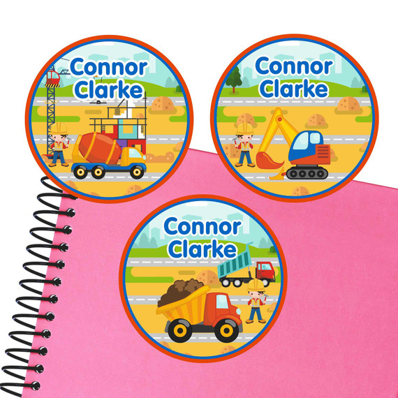 Construction (Boy/Girl) large round labels — waterproof name stickers for kids