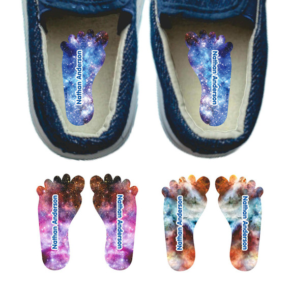 Galaxy foot labels for shoes — left and right foot-shaped shoe stickers