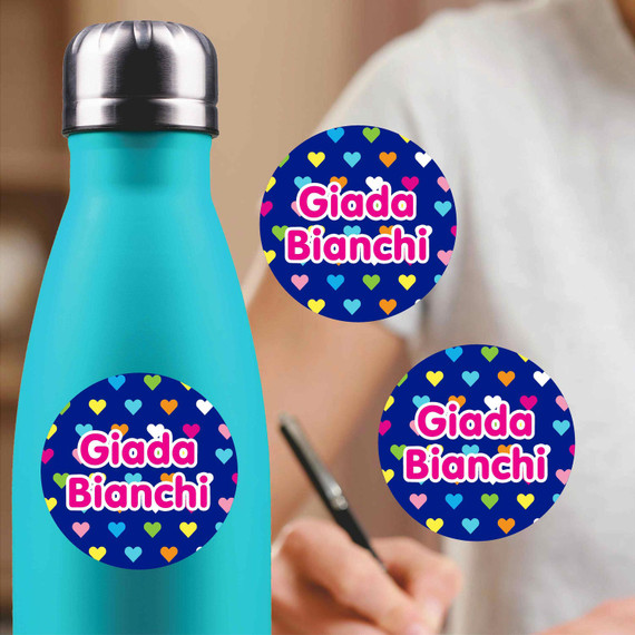 Hearts medium round labels — waterproof circle name stickers for kids