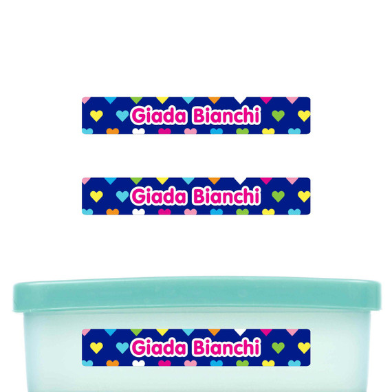 Hearts slim name stickers — waterproof stickers for water bottles and small containers