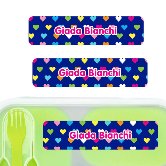 Hearts large rectangle name labels — waterproof sticker labels for school supplies and water bottles