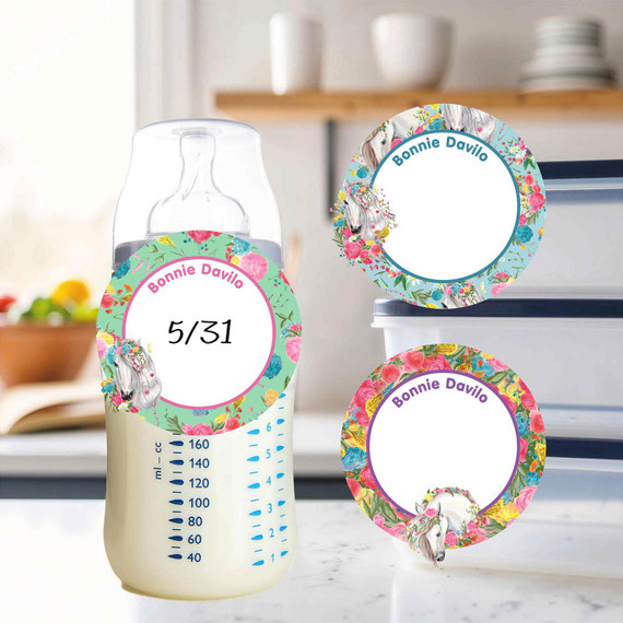 Dishwasher-safe small round write-on labels floral horses waterproof kids name stickers