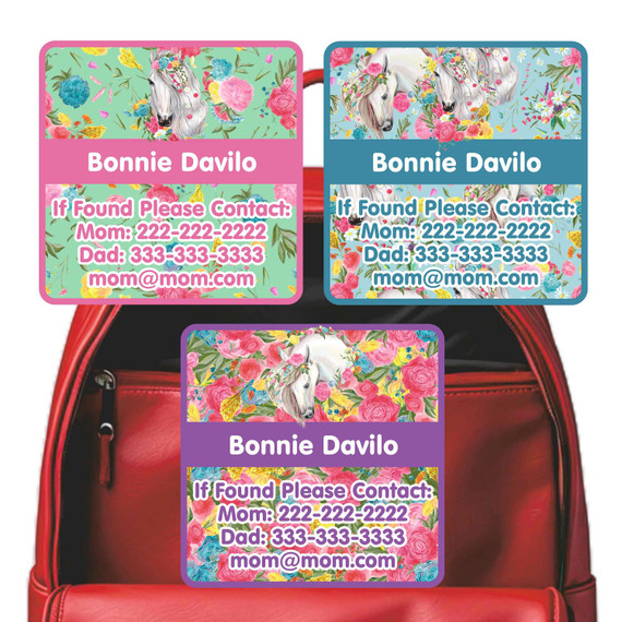 Horses emergency contact labels — personalized phone number stickers for kids