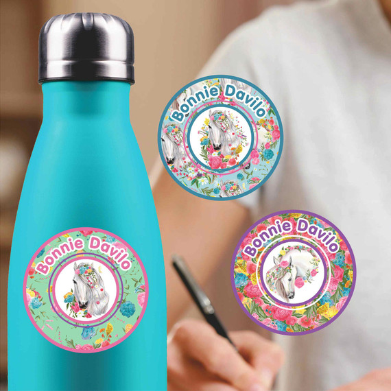 Horses medium round labels — waterproof circle name stickers for kids