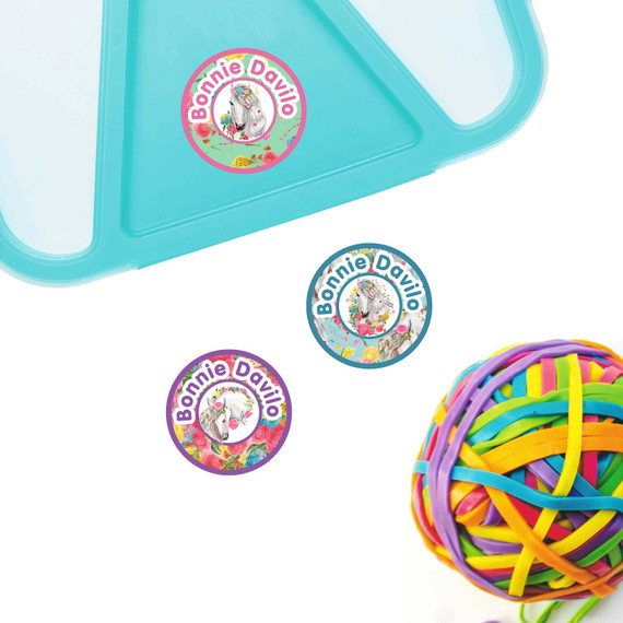 Horses small round name labels — waterproof circle stickers for kids