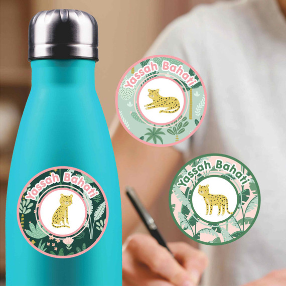 Leopard Cuties medium round labels — waterproof circle name stickers for kids