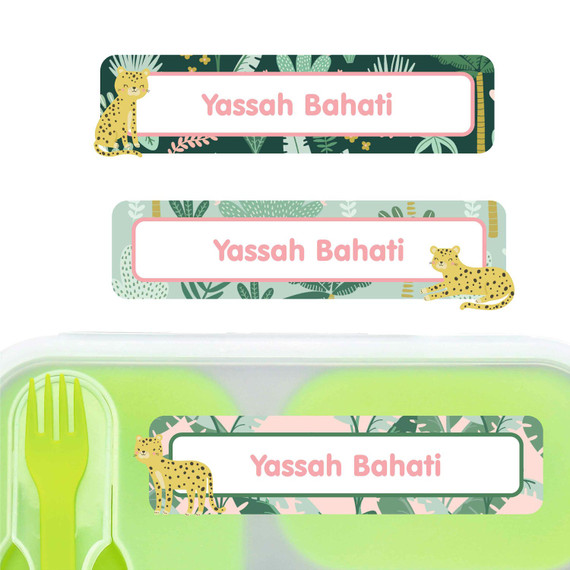 Leopard Cuties large rectangle name labels — waterproof sticker labels for school supplies and water bottles