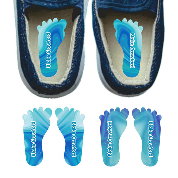 Liquid Swirl foot labels for shoes — left and right foot-shaped shoe stickers