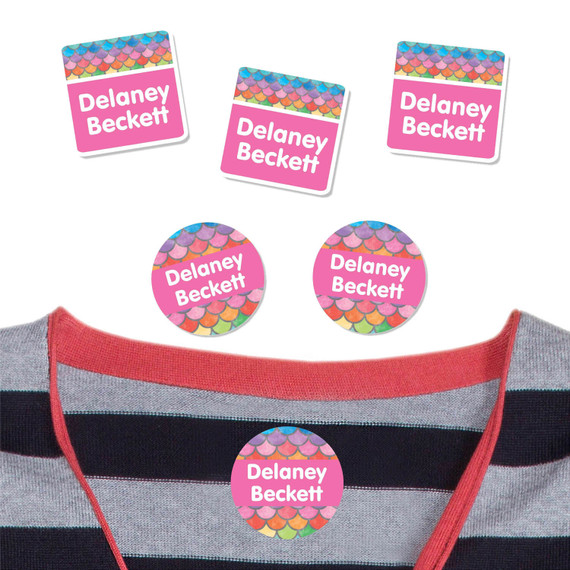 Mermaid Scales peel and stick clothing labels for kids — clothing stickers made to order