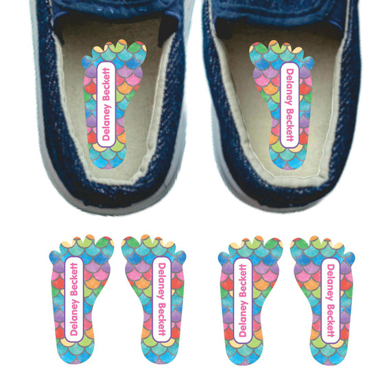 Mermaid Scales foot labels for shoes — left and right foot-shaped shoe stickers