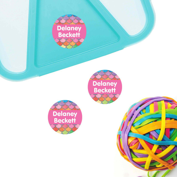 Mermaid Scales small round name labels — waterproof circle stickers for kids