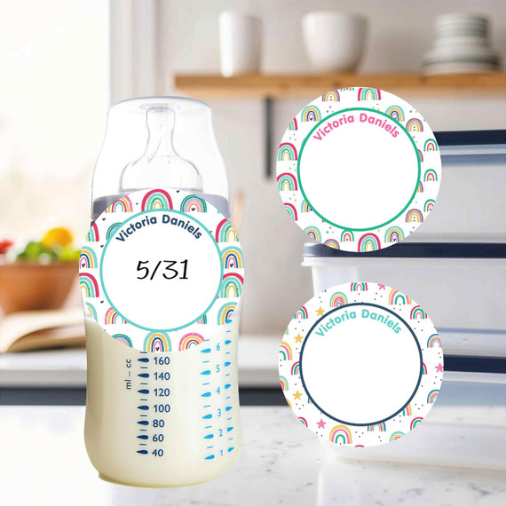Colorful Rainbows small round write-on labels — reusable waterproof daycare