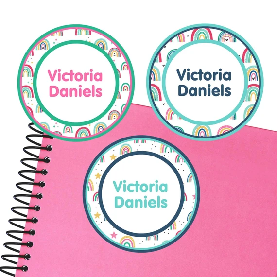 Colorful Rainbows large round labels — waterproof name stickers for kids