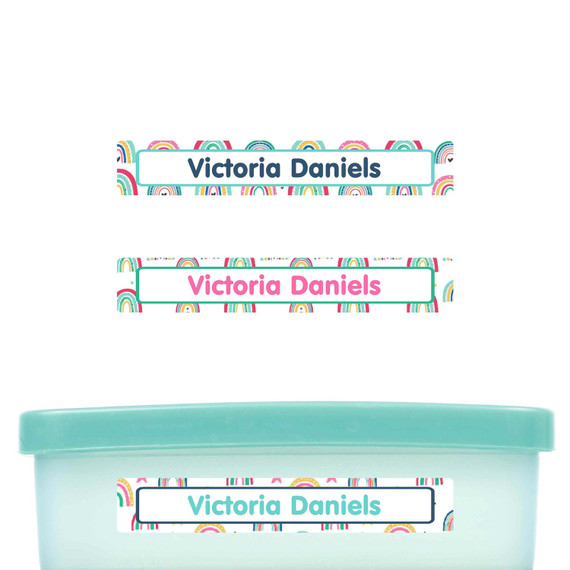 Colorful Rainbows slim name stickers — waterproof stickers for water bottles and small containers