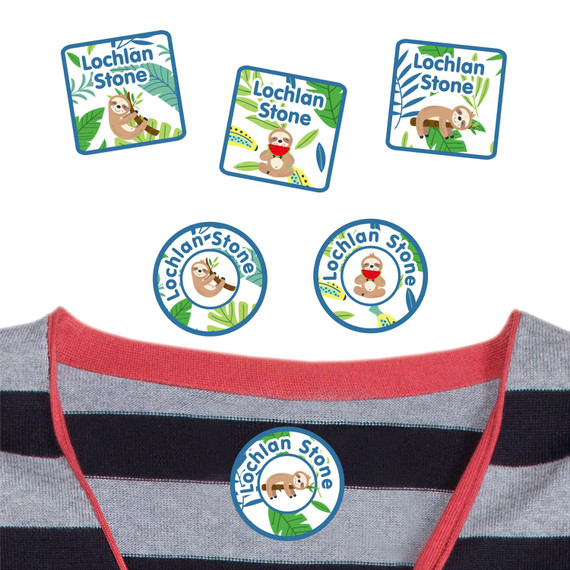 Sloth Buddies peel and stick clothing labels for kids — clothing stickers made to order