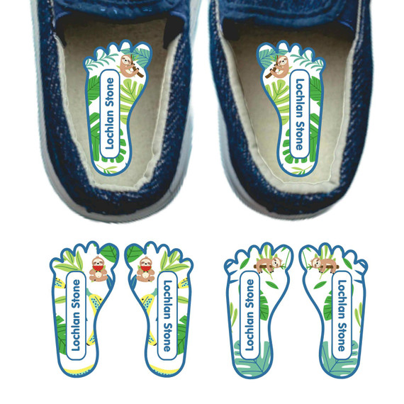 Sloth Buddies foot labels for shoes — left and right foot-shaped shoe stickers