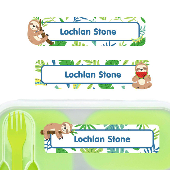Sloth Buddies large rectangle name labels — waterproof sticker labels for school supplies and water bottles