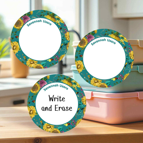 Durable large round write-on labels sunflower design personalized name tags