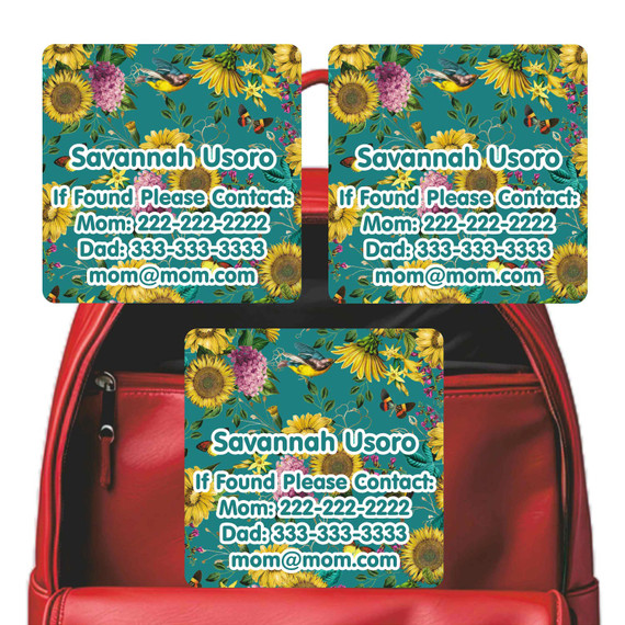 Sunflowers emergency contact labels — personalized phone number stickers for kids