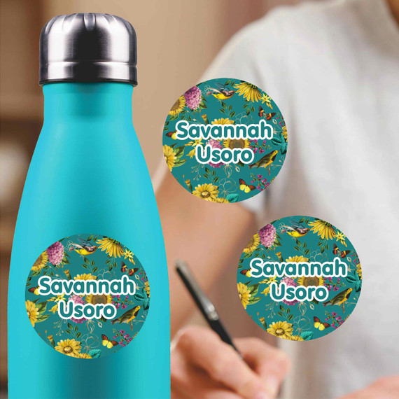 Sunflowers medium round labels — waterproof circle name stickers for kids