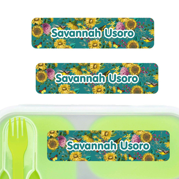 Sunflowers large rectangle name labels — waterproof sticker labels for school supplies and water bottles